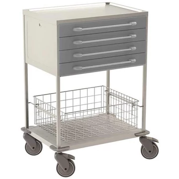 Rozsdamentes acél kocsi, 2 polc, 1 drótkosár, 4 fiók szürke, m x h x sz: 1040x760x560 mm