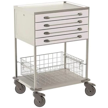 Rozsdamentes acél kocsi, 2 polc, 1 drótkosár, 4 fehér fiók, m x h x sz: 1040x760x560 mm