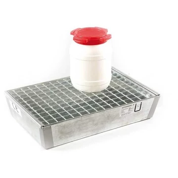 Acél kis konténeres raklapos tálca jóváhagyással, horganyzott, rácsos, 20l, 600x400 mm gyűjtőtérfogattal