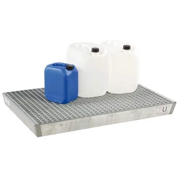 Acél kis konténeres raklapos tálca jóváhagyással, horganyzott, rácsos, gyűjtőtérfogat 60l, 1200x600 mm