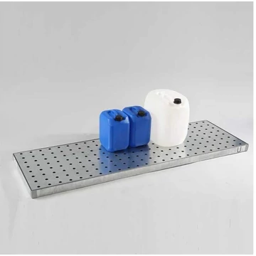 Gyűjtőtálca kis tartályokhoz, jóváhagyással, horganyzott, perforált lemezpanelzel, gyűjtőtérfogat 60l, 1850 x 600 mm