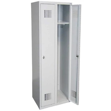 WEMO öltözőszekrény, hegesztett, 2 x 300 mm, az ajtó színe szürke RAL7035, láb nélkül, három ponton reteszelő rúdzár függőlakathoz való forgóretesszel