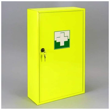 Elsősegély fali szekrény, fémből, zárral, fluoreszkáló festékkel, üres