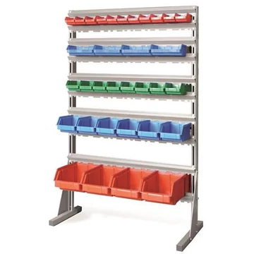 Polc nyitott elülső tárolódobozokkal, TechBox, szürke kivitelű, Szé x Ma: 940x1540 mm, egyoldalas, kukák száma: 33 db.