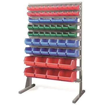 Polc nyitott elülső tárolódobozokkal, TechBox, szürke kivitelű, Szé x Ma: 940x1540 mm, egyoldalas, kukák száma: 62 db.