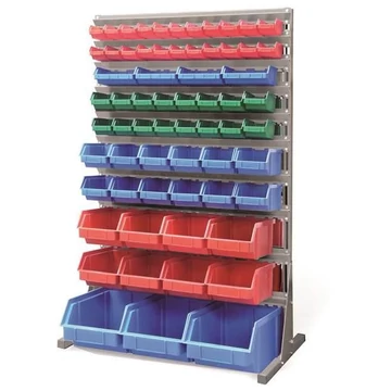 Polc nyitott elülső tárolódobozokkal, TechBox, szürke kivitelű, Szé x Ma: 940x1540 mm, egyoldalas, kukák száma: 65 db.