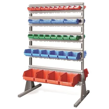 Polc nyitott elülső tárolódobozokkal, TechBox, szürke kivitelű, Szé x Ma: 940x1540 mm, kétoldalas, kukák száma: 66 db.