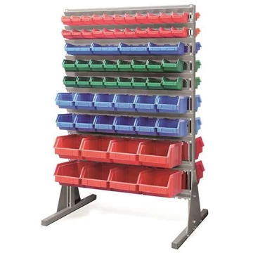 Polc nyitott elülső tárolódobozokkal, TechBox, szürke kivitelű, Szé x Ma: 940x1540 mm, kétoldalas, kukák száma: 124 db.