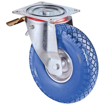 Beálló szállítógörgő fékkel, kék poliuretán, átm. 260 mm, teherbírása 160 kg