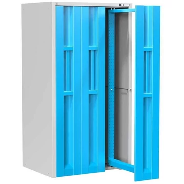 Műhelyszekrény 3 függőlegesen kihúzható kerettel, ma x sz x mé: 1950x1044x790 mm, világosszürke RAL7035 / ajtó színe kék RAL5012