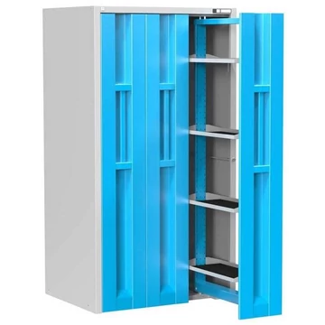 Műhelyszekrény 3 függőlegesen kihúzható kerettel, 12 polccal, ma x sz x mé: 1950x1044x790 mm, világosszürke RAL7035 / ajtó színe kék RAL5012