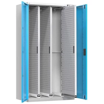 Műhelyszekrény 3 kihúzható perforált panellel, ma x sz x mé: 1950x1044x655 mm, világosszürke RAL7035 / ajtó színe kék RAL5012