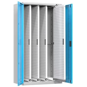 Műhelyszekrény 4 kihúzható perforált panellel, ma x sz x mé: 1950x1044x655 mm, világosszürke RAL7035 / ajtó színe kék RAL5012