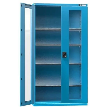 Műhelyszekrény, ma x sz x mé: 1950 x 1044 x 625 mm, szárnyas ajtók betekintő ablakkal, 4 x polc 100 kg, kék színű RAL5012