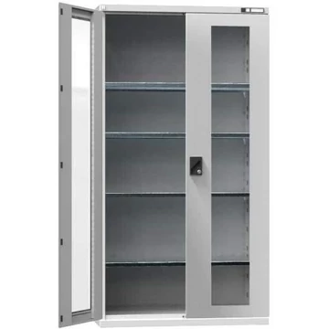 Műhelyszekrény, ma x sz x mé: 1950 x 1044 x 625 mm, ablakos ajtó, 4 x polc 100 kg, szín világosszürke RAL7035