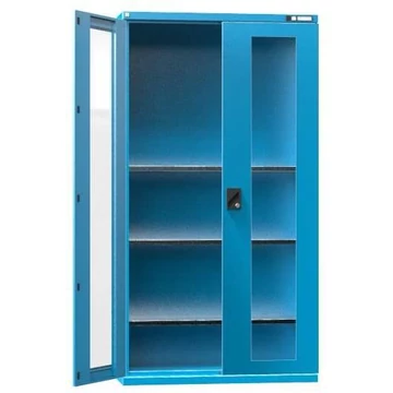 Műhelyszekrény, ma x sz x mé: 1950 x 1044 x 405 mm, ablaküveg ajtók, 3 x polc 100 kg, kék színű RAL5012
