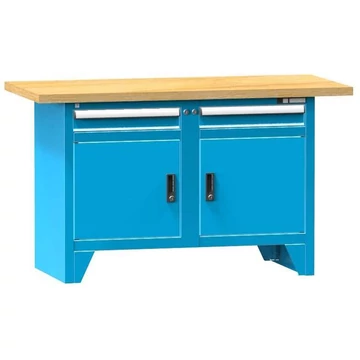 Munkapad, tömör bükk munkalap 1500 x 700 mm, 2 x fiók, 2 x szekrény, kék színű RAL5012