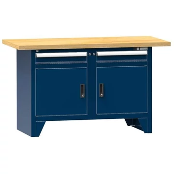 Munkapad, bükk multiplex munkalap 1500 x 700 mm, 2 x fiók, 2 x szekrény, sötétkék színű RAL5010