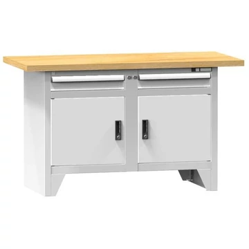 Munkapad, bükk multiplex munkalap 1500 x 700 mm, 2 x fiók, 2 x szekrény, szürke színű RAL7035