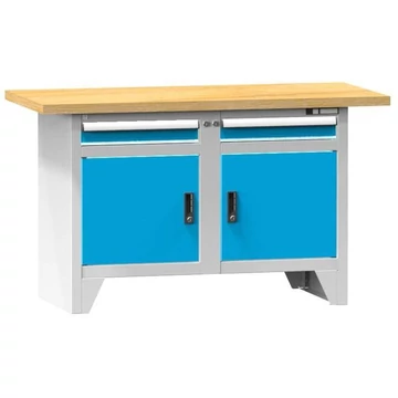 Munkapad, bükk multiplex munkalap 1500 x 700 mm, 2 x fiók, 2 x szekrény, vázszerkezet világosszürke RAL7035 / ajtó kék RAL5012