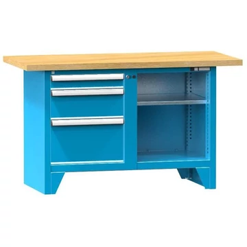 Munkapad, tömör bükk munkalap 1500 x 700 mm, 3 x fiók, kék színű RAL5012