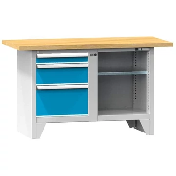 Munkaasztal, bükk multiplex munkalap 1500 x 700 mm, 3 x fiók, vázszerkezet világosszürke RAL7035 / ajtó kék RAL5012
