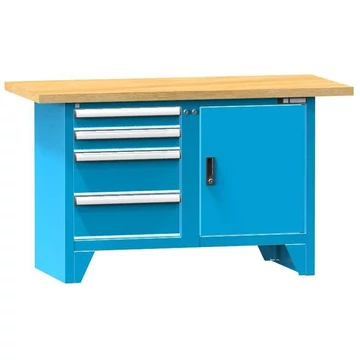 Munkaasztal, bükk multiplex munkalap 1500 x 700 mm, 4 x fiók, 1 x szekrény, kék színű RAL5012