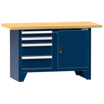 Munkapad, tömör bükk munkalap 1500 x 700 mm, 4 x fiók, 1x szekrény, sötétkék színű RAL5010