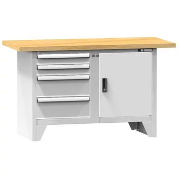 Munkapad, tömör bükk munkalap 1500 x 700 mm, 4 x fiók, 1 x szekrény, szürke színű RAL7035
