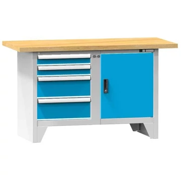 Munkapad, tömör bükk munkalap 1500 x 700 mm, 4 x fiók, 1 x szekrény, vázszerkezet világosszürke RAL7035 / ajtó kék RAL5012