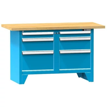 Munkaasztal, bükk multiplex munkalap 1500 x 700 mm, 6 x fiók, kék színű RAL5012