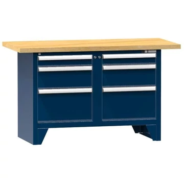 Munkapad, tömör bükk munkalap 1500 x 700 mm, 6 x fiók, sötétkék színű RAL5010
