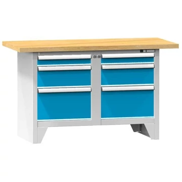 Munkapad, tömör bükk munkalap 1500 x 700 mm, 6 x fiók, vázszerkezet világosszürke RAL7035 / ajtó kék RAL5012