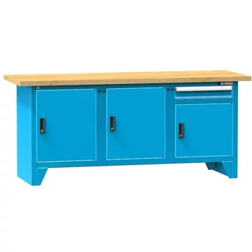Munkaasztal, bükk multiplex munkalap 2000 x 700 mm, 1 x fiók, 3 x szekrény, kék színű RAL5012