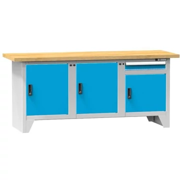Munkapad, tömör bükk munkalap 2000 x 700 mm, 1 x fiók, 3 x szekrény, vázszerkezet világosszürke RAL7035 / ajtó kék RAL5012