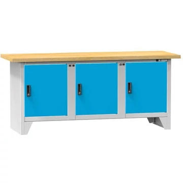 Munkapad, tömör bükk munkalap 2000 x 700 mm, 3 x szekrény, test világosszürke RAL7035 / ajtó kék RAL5012