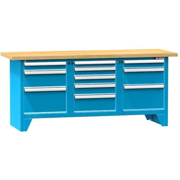 Munkapad, tömör bükk munkalap 2000 x 700 mm, 11 x fiók, kék színű RAL5012