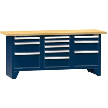 Munkapad, tömör bükk munkalap 2000 x 700 mm, 11 x fiók, sötétkék színű RAL5010