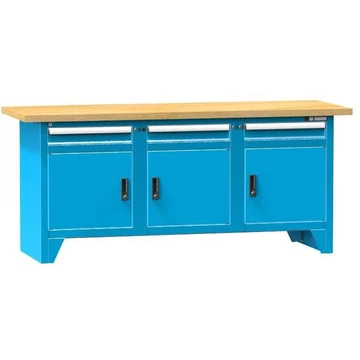 Munkapad, tömör bükk munkalap 2000 x 700 mm, 3 x fiók, 3 x szekrény, kék színű RAL5012