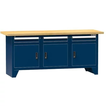 Munkaasztal, bükk multiplex munkalap 2000 x 700 mm, 3 x fiók, 3 x szekrény, sötétkék színű RAL5010