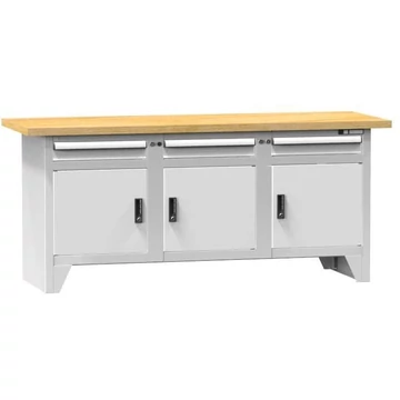Munkaasztal, bükk multiplex munkalap 2000 x 700 mm, 3 x fiók, 3 x szekrény, szürke színű RAL7035