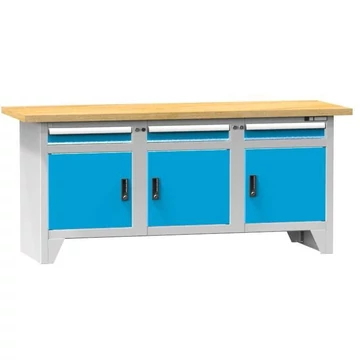 Munkapad, tömör bükk munkalap 2000 x 700 mm, 3 x fiók, 3 x szekrény, vázszerkezet világosszürke RAL7035 / ajtó kék RAL5012