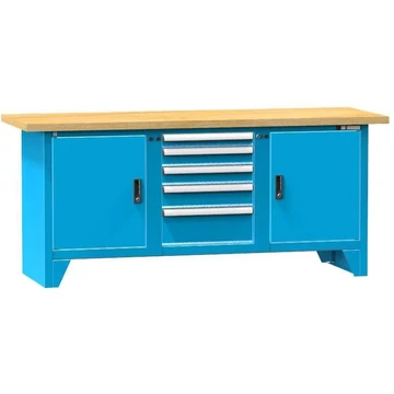 Munkaasztal, bükk multiplex munkalap 2000 x 700 mm, 5 x fiók, 2 x szekrény, kék színű RAL5012