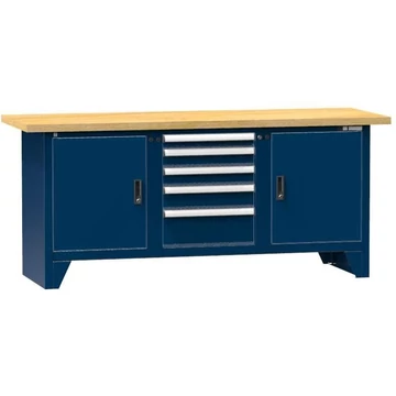 Munkapad, tömör bükk munkalap 2000 x 700 mm, 5 x fiók, 2 x szekrény, sötétkék színű RAL5010