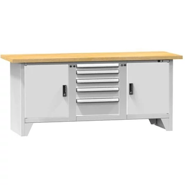 Munkapad, bükk multiplex munkalap 2000 x 700 mm, 5 fiók, 2 szekrény, szürke RAL7035