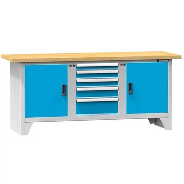 Munkapad, tömör bükk munkalap 2000 x 700 mm, 5 x fiók, 2 x szekrény, vázszerkezet világosszürke RAL7035 / ajtó kék RAL5012