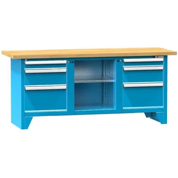 Munkapad, tömör bükk munkalap 2000 x 700 mm, 6 x fiók, kék színű RAL5012