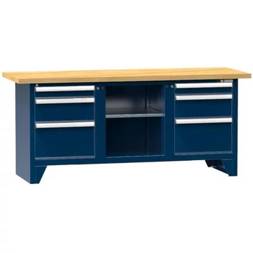 Munkapad, tömör bükk munkalap 2000 x 700 mm, 6 x fiók, sötétkék színű RAL5010