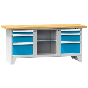 Munkaasztal, bükk multiplex munkalap 2000 x 700 mm, 6 x fiók, vázszerkezet világosszürke RAL7035 / ajtó kék RAL5012