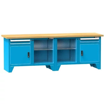 Munkaasztal, bükk multiplex munkalap 2500 x 700 mm, 2 x fiók, 2 x szekrény, kék színű RAL5012